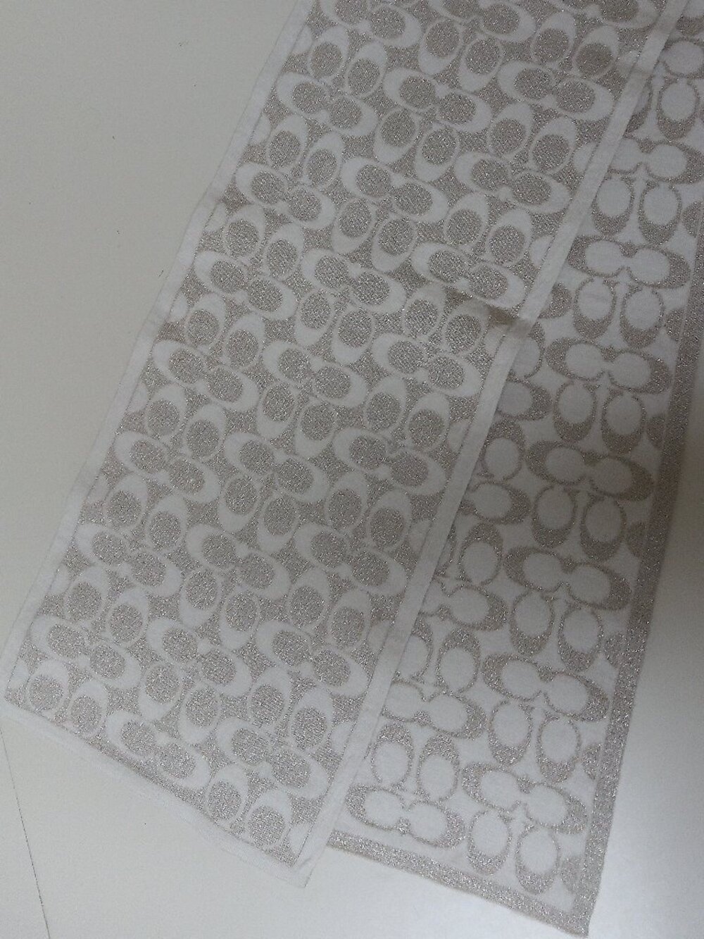 Coach Glitter Monogram Print Wool Blend Scarf beige/tan/gold EUC 48inches